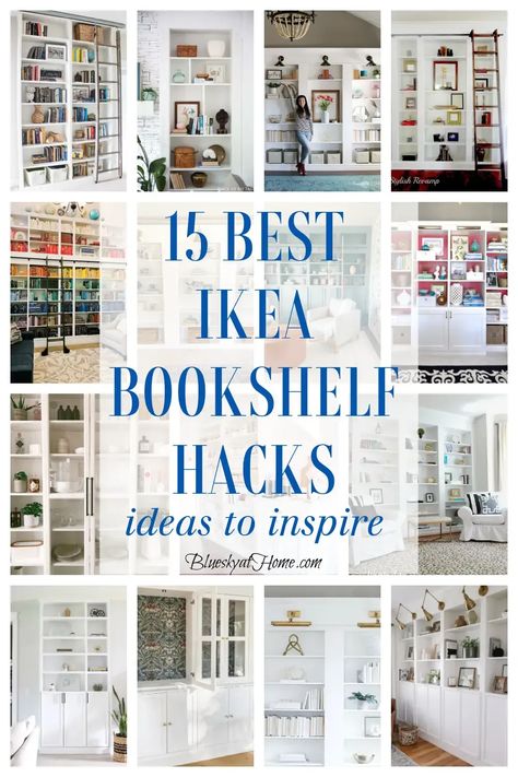 Diy Wall Of Bookshelves, Bookshelf Library Design, Book Shelf Wall Ideas, Full Wall Bookshelf, Ikea Hack Bookcase, Bookshelf Hack, Diy Bookshelf Wall, Ikea Bookshelf Hack, Billy Hack