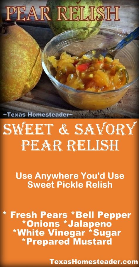 Simple Sweet & Savory Fresh Pear Relish Recipe with Optional Canning Instructions. ~ Texas Homesteader ~ Pear Relish Chow Chow, Pear Relish Canning, Pear Jelly Recipe Canning, Pear Relish Recipe, Pear Canning Recipes, Canning Pears Recipes, Pear Recipes For Canning, Apple Relish Recipe, Pear Jelly Recipes