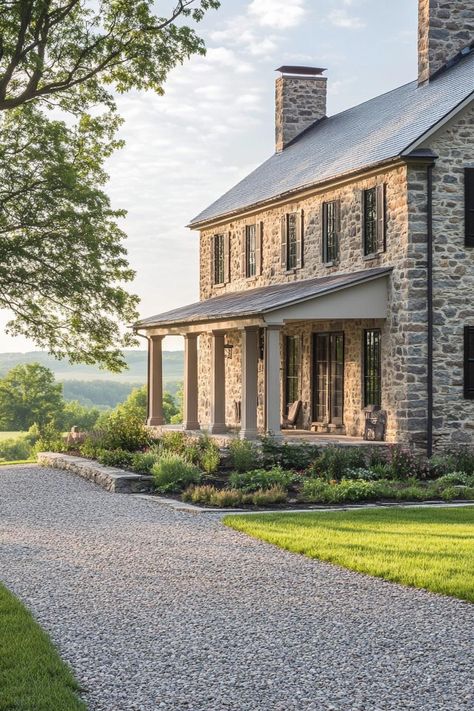 Modern colonial stone Pennsylvania farmhouse. Get inspired by classic and charming colonial houses that blend historical elegance with modern convenience. Stone House Porch, Colonial New Build, Charming Farmhouse Exterior, Rear Of House Exterior, Colonial Stone House, Colonial Back Porch, Pennsylvania Stone Farmhouse, Single Story Stone House, Rectangular House Exterior