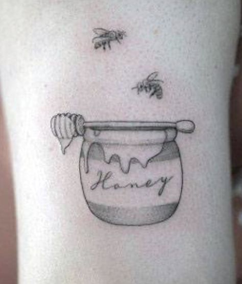 Honey Pot Tattoo Ideas, Honey Pot And Bee Tattoo, Honey Wand Tattoo, Pot Of Honey Tattoo, Honeybun Tattoo, Honey Pot Tattoo Simple, Winnie The Pooh Honey Pot Tattoo, Honey Bunny Tattoo, Honey Tattoo Ideas