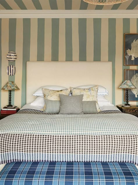 The Paint DIY That's 10x More Charming Than Any Wallpaper | domino Heritage Paint Colours, Painting Stripes On Walls, Striped Bedroom, Outdoor Interior, Striped Walls, Paris Grey, A Place To Call Home, Paint Stripes, Grey Bedroom