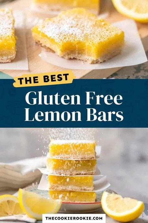 Lemon Squares (Gluten Free Lemon Bars) are the easiest and best lemon bar recipe, and they just so happen to be gluten free! These lemon squares are one of our favorite easy gluten free desserts. Thick, creamy, tart, and utterly delicious; The Best Lemon Bars you'll ever taste. #thecookierookie #lemonsquares #lemonbars #dessert Gluten Free Lemon Squares, Lemon Bar Recipe, Gluten Free Lemon Bars, Gluten Free Shortbread, Lemon Bar, Easy Gluten Free Desserts, Lemon Bars Recipe, The Cookie Rookie, Lemon Squares