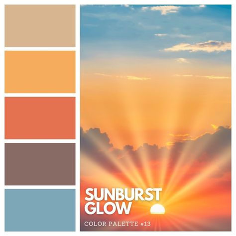 Bask in the radiant hues of our 'Sunburst Glow' palette ☀️✨ Immerse yourself in the warm oranges, vibrant yellows, and calming blues, inspired by the breathtaking sunset with bursts of sunlight and billowing clouds. 🌤️ Save this palette to bring a touch of sunset magic into your creations! 🎨 #SunburstGlow #ColorPalette #SunsetInspiration #RadiantColors 🌈 Sunrise Color Palette Mornings, Sunshine Palette, Sunrise Color Palette, Bedroom Revamp, Sunset Color Palette, Sunset Palette, Sunrise Aesthetic, Sunrise Colors, Sunset Colors