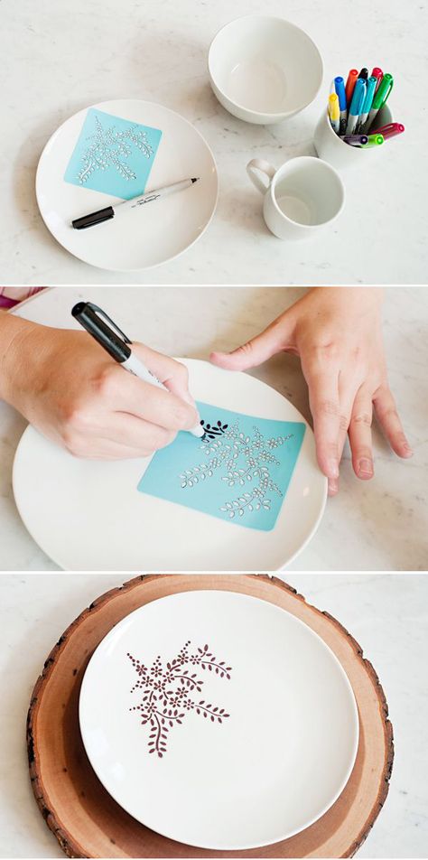 25 Easy and Creative Sharpie Crafts - Stencilled sharpie plates. Bake at 350 for 30 minutes to seal. Diy Sharpie Crafts, Sharpie Plates, Sharpie Crafts, Diy Sharpie, Astuces Diy, Sharpie Art, Stencil Crafts, Crafty Craft, Crafty Diy