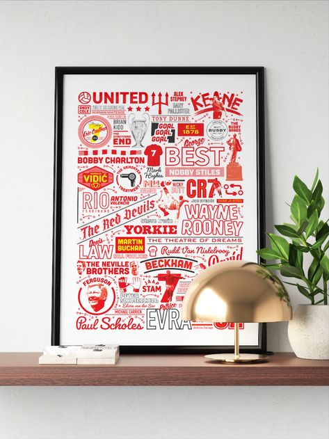 A graphical retro print that celebrates the history of Manchester United, the legends of Man Utd and the club culture. Any Utd fan would love to receive a piece of Manchester United wall art print as gift, whether it be your dad, your boyfriend or a best friend. It features legendary figures of the club such as Sir Alex Ferguson, Sir Matt Busby, Eric Cantona, Cristiano Ronaldo and record goal-scorer Wayne Rooney. This is a Manchester United Poster packed with important fan references. Arsenal Fc Art, Arsenal Gifts, Manchester United Art, History Poster, Football Artwork, History Wall, History Posters, Manchester United Fans, Apartment Art