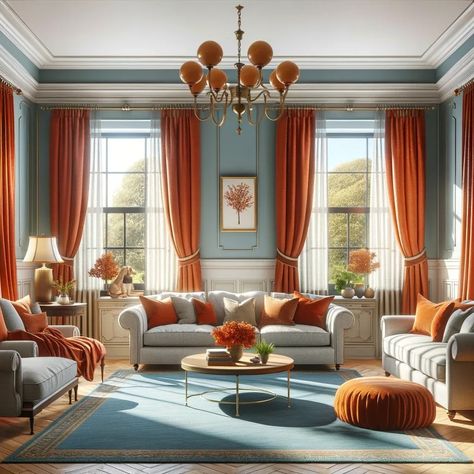 light blue walls and burnt orange curtains Blue Walls Orange Curtains, Light Blue And Orange Living Room, Burnt Orange Color Combinations, Burnt Orange Living Room Decor, Duck Egg Blue Living Room, Blue And Orange Living Room, Burnt Orange Curtains, Curtain Colors, Light Blue Curtains