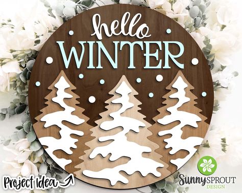 Hello Winter Snowy Pine Trees Sign, DIGITAL download, Round door hanger svg, Glowforge laser cut file, Cricut, Winter decor, Christmas svg Snowy Pine Trees, Sell Embroidery, Door Hanger Svg, Vinyl Stencil, Round Door Hanger, Door Hangers Diy, Welcome Door Signs, Wood Art Projects, Tree Signs