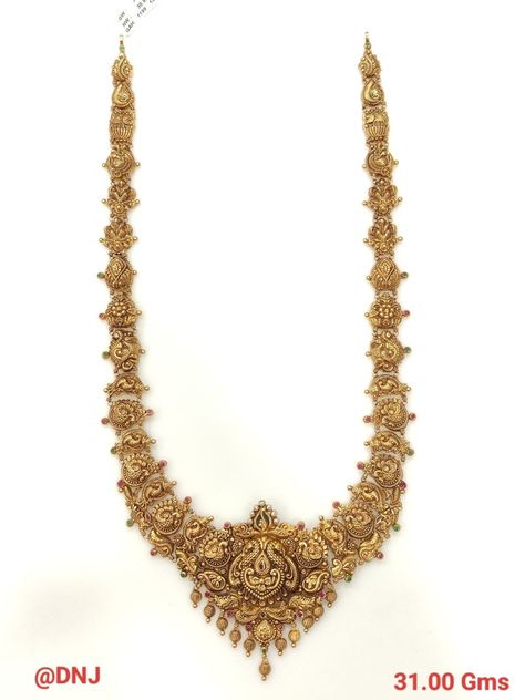 Light Weight Antique Haram Designs Gold, Temple Jewellery Long Haram, Simple Long Haram Gold Jewellery Designs, Simple Haram Designs Gold, Necklace Designs Gold Indian Simple, Long Chain Necklace Gold Indian, Long Haram Designs Indian, Antique Haram, Gold Haram Designs