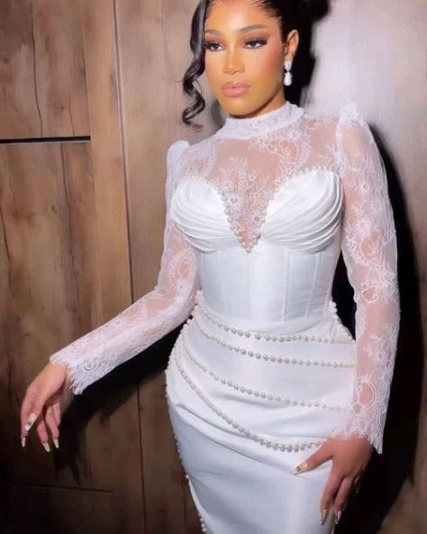 White Asoebi Styles, Latest White Lace Asoebi Styles, White Corset Lace Asoebi Dress, Civil Wedding Dress Courts Brides, Elegant Civil Wedding Dress Classy, White Lace Gown Styles Aso Ebi, Short White Lace Gown Styles Aso Ebi, Civil Wedding Dress Civil Wedding Dress Classy, Court Wedding Outfit