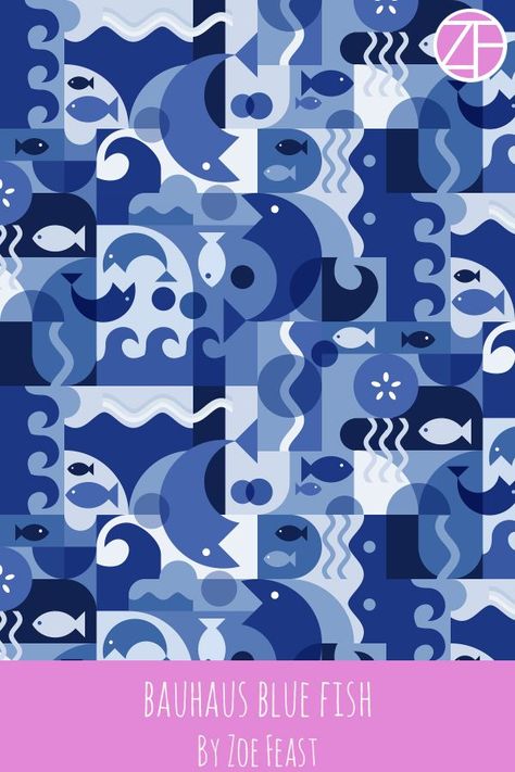 Bauhaus Blue Fish Pattern by Zoe Feast aka Creativeinch Fish Graphic, Animal Icon, Fish Pattern, Blue Fish, Fish Patterns, Iphone Background Wallpaper, Fish Design, Tropical Vibes, Surface Pattern Design