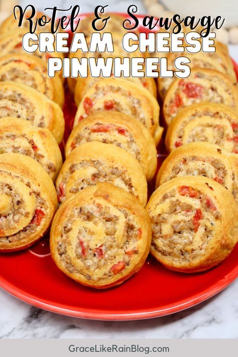 Easy Rotel Sausage & Cream Cheese Pinwheels Recipe - Grace Like Rain Blog Rotel And Sausage Cream Cheese Crescents, Rotel Pinwheels, Pinwheel Appetizers Cream Cheese, Sausage Cream Cheese Crescent Rolls, Breakfast Pinwheels, Stovetop Appetizers, Cherry Cream Cheese Pie, Sausage Pinwheels, Cherry Cream Cheese