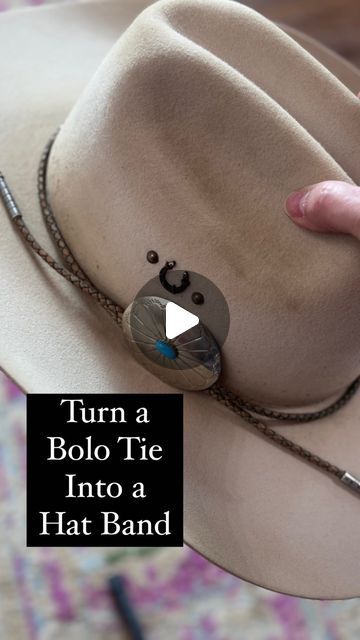 totally tikaa on Instagram: "Turn a Bolo Tie into a hat band. #hat #hatband #cowboyhat #texas #texasstyle #diy #diyhat #hack" How To Wear A Bolo Tie Woman, Western Hat Bands Diy, Diy Cowboy Hat Bands, Cowboy Hat Bands Diy Ideas, Diy Bolo Ties, Cowboy Hat Bands Diy, Diy Cowgirl Hat Ideas, Diy Hat Band, Hat Bands Diy