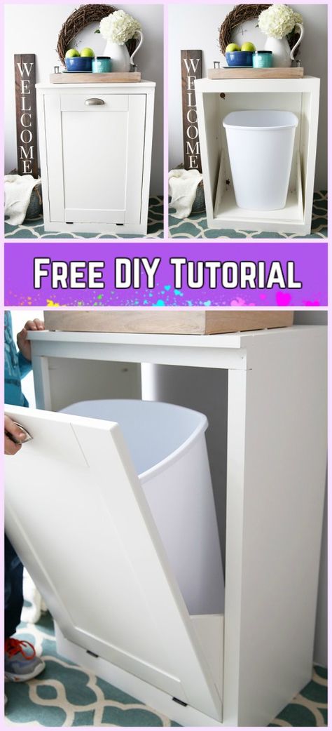 DIY Tilt Out Trash Can Cabinet Tutorials Pullout Trashcan Cabinet, Tip Out Trash Can, Diy Trash Can Storage Kitchen, Diy Bathroom Trash Can, Bathroom Trash Can Ideas Diy, Indoor Garbage Can Storage, Diy Tilt Out Trash Cabinet, Hidden Trash Can Bathroom, Diy Hidden Trash Can Kitchen