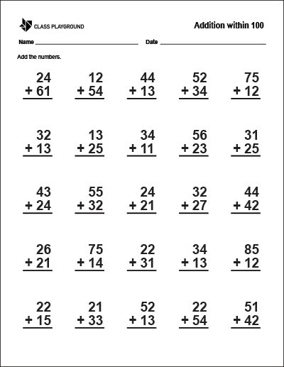 Printable Addition Within 100 Worksheet Addition With Regrouping Worksheets, Kindergarten Math Worksheets Addition, Mental Maths Worksheets, Addition Worksheet, Worksheets For Class 1, Adding Numbers, Math Addition Worksheets, First Grade Math Worksheets, 2nd Grade Math Worksheets