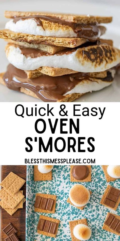 Smores Oven Recipe, S’mores In The Oven Recipe, S’mores Recipe Oven, Oven Baked Smores Recipe, Making Smores In The Oven, Easy Smores Recipes, S’mores In Oven In Foil, Smore Bake In Oven, S’more In The Oven