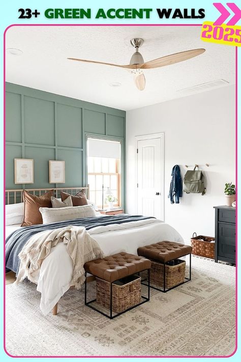 A spacious bedroom with a panel green accent wall that adds texture and elegance. The light green tone creates a calming, soothing atmosphere perfect for relaxation. Bedroom Rugs Under Bed, Rug Under Bed, Organic Modern Bedroom, Rug Over Carpet, Fresh Bedding, Green Accent Walls, Bedroom Redo, Kilim Beige, Transitional Bedroom