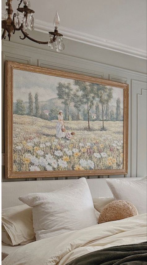 French Country Above Bed Decor, Cottage Core Frame Wall, Floral Guest Bedroom, Southern Minimalist Home, Classic Southern Home Decor Bedroom, French Cottage Room Aesthetic, Vintage Art Above Bed, Floral Pictures On Wall, Paintings Over Bed