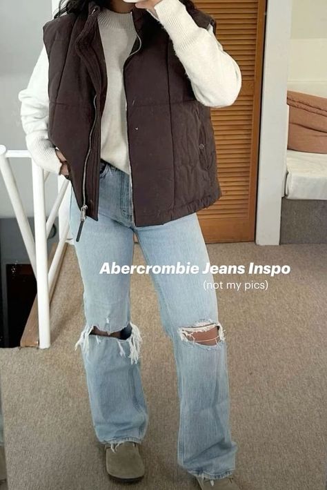 casual fall outfit: puffer vest and jeans White Long Sleeve With Vest Outfit, Cute Outfits With Vests Fall, Army Green Puffer Vest Outfit, Boston Day Trip Outfit, Rust Vest Outfit Fall, Vest Outfits Puffer, Chocolate Brown Puffer Vest Outfit, Fall Canada Outfits, Outfits With Puffer Vests For Women