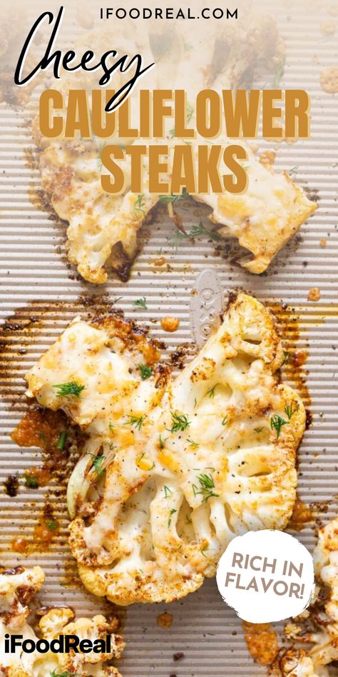 These Cheesy Cauliflower Steaks are so delicious and the perfect side to any meal! It’s a fun recipe that is cheesy in flavor and perfectly tender. Even your pickiest eaters will love these cauliflower steaks, so give them a try today! Serve it up alongside a real steak and you’ll be in heaven! Cheesy Cauliflower Steaks, Steaks Recipes, Cauliflower Steaks Recipes, Cauliflower Steak, Delicious Crockpot Recipes, Cheesy Cauliflower, Cauliflower Steaks, Healthy Casseroles, Easy Healthy Lunches