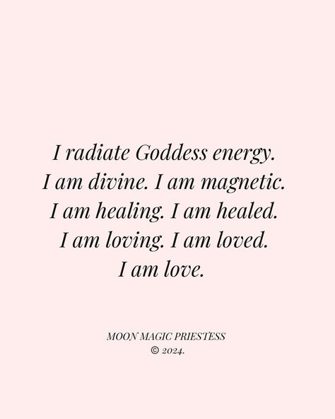 First Quarter Moon 🌓 in Leo ♌️ energy. ✨���🦋✨777. Affirm: I radiate Goddess energy. I am divine. I am magnetic. I am healing. I am healed. I am loving. I am loved. I AM LOVE. ✨🦋✨ In the cosmic vortex of existence, she embodies a unique healing Goddess essence, radiating her energy and aura within every radius. She is a vessel of divinity, a presence so magnetic it draws forth the light within others. Through her soul flows the healing currents of the universe, both healer and healed in the... You Are A Goddess, I Radiate Goddess Energy, I Am Magnetic, Goddess Affirmations, Magnetic Aura, Healing Goddess, I Am Healing, I Am Divine, I Am Healed