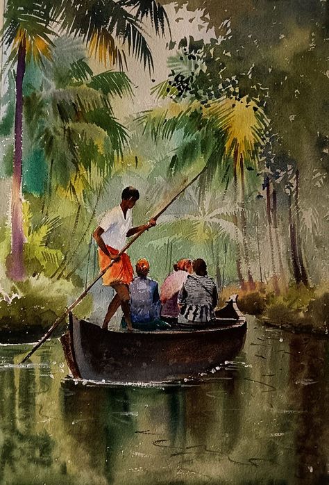 Watercolor Scenery Painting, Village Scene Drawing, Watercolor Indian, Drawing Scenery, Watercolor Scenery, Watercolor Art Landscape, Watercolor Paintings Nature, Art Village, Kerala Tourism