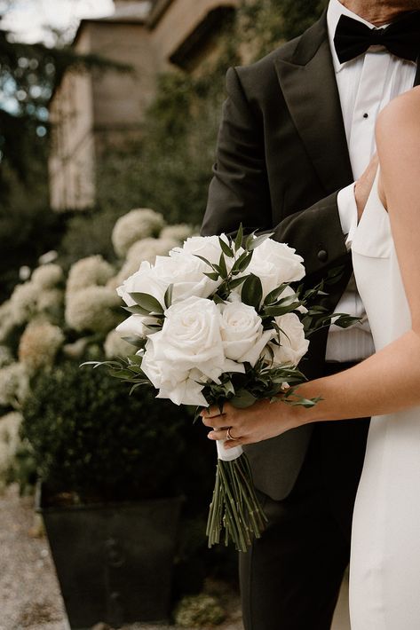 Reflexed White Garden Rose Italian Ruscus Bouquet Black Tie Tuxedo Wedding Foliage Bouquet, Simple Wedding Bouquets, Bridal Bouquet Flowers, White Wedding Bouquets, White Garden, White Bouquet, Wedding Flower Arrangements, Wedding Mood, Bride Bouquets