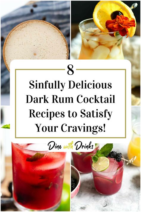 Collage of 4 dark rum cocktails. Drinks With Dark Rum, Dark Rum Cocktail Recipes, Dark Rum Drinks Recipes, Dark Rum Drinks, Dark Rum Cocktails, Rum Mixed Drinks, Dark Liquor, Mixology Drinks, Rum Drinks Recipes