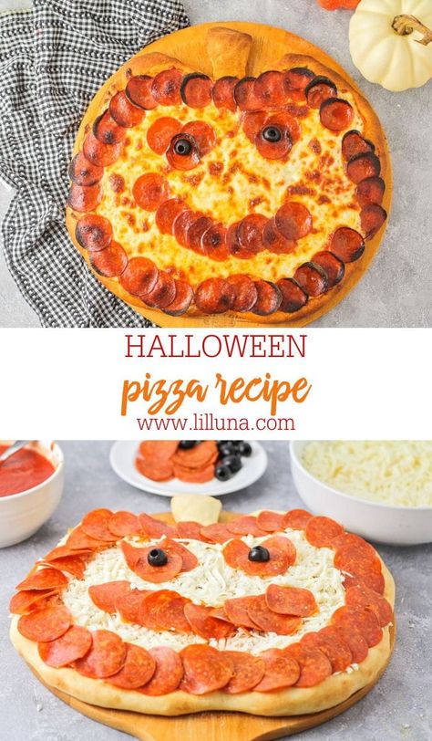 This delightful Halloween pizza is shaped like a smiling jack-o-lantern, perfect for all of your spooky festivities! #halloweenpizza #halloween #pizza #pepperonipizza Halloween Pizza Recipes, Ghost Pizza, Fall Pizza, Candy Corn Recipe, Meatloaf Casserole, Halloween Pizza, Halloween Food Treats, Holiday Favorite Recipes, Pizza Stone