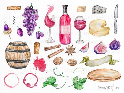 Wine Watercolor, Wine Clipart, Drink Clipart, Recipe Book Templates, Romantic Picnics, Wedding Red, Red Wine Glasses, Shop Watercolor, Wine Time