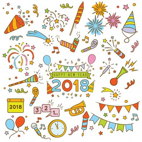 Happy New Year Doodle, New Year Doodles, New Years Drawing Ideas, New Year Doodle, New Year's Drawings, Doodle Elements, New Year Symbols, New Years Cookies, Happy New Year Pictures