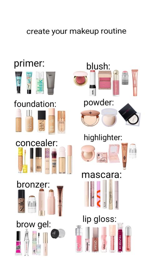 create your makeup routine! #makeuproutine #makeup #shuffles Good Quality Makeup Products, Makeup Products Essential, Light Makeup Routine, Makeup Routine With Products, Makeup Routine For School, Makeup Shuffles, Everyday Makeup Products, Flawless Makeup Tutorial, Makeup Necessities