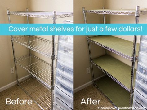 Wire Shelf Unit Makeover, Wire Racks Ideas, Metal Storage Racks Ideas, Metro Shelving Ideas, Utility Shelf Makeover, Wire Rack Storage Ideas, Wire Shelving Unit Makeover, Metal Shelf Organization, Dress Up Wire Shelves