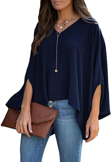 Womens Batwing Chiffon Blouse V Neck Lightweight Loose Fit Dolman Sleeve Tops Shirts Plus Size Loose Tops For Women Casual, Leisure Dress, Poncho Style, Women's Blouses, Chiffon Material, Trendy Fashion Outfits, Xl Fashion, Loose Blouse, Chiffon Shirt