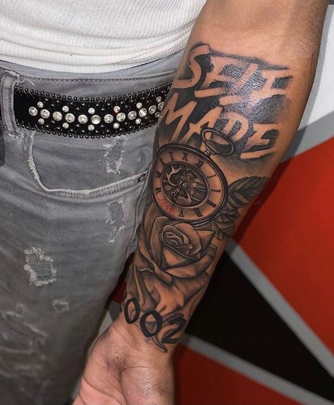 Self Made Forearm Tattoo Men, Small To Medium Tattoos Men, 410 Baltimore Tattoo, Quarter Sleeve Tattoos Men, Humble Beast Tattoo Men Forearm, Selfmade Tattoos For Men, Gangsta Tattoos Men Design Arm, 2004 Tattoo Ideas For Men, $100 Tattoos