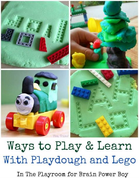 Fun playdough activities using LEGO! Playdough Activities, Lego Activities, Activities For Boys, Toddler Learning Activities, Fine Motor Activities, Montessori Activities, Toddler Learning, Learning Games, Sensory Activities