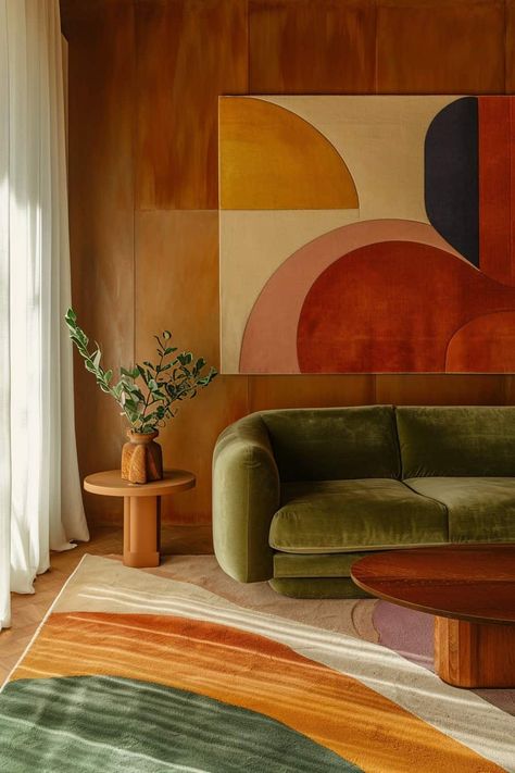 70s living room, retro living room, living room inspo Living Room Inspiration Green, Green Living Room Paint Colors, Living Room Ideas Dark, Green Living Room Walls, Dark Living Room Decor, Green Living Room Color Scheme, 70s Inspired Living Room, Dark Living Room Ideas, 1970s Interior Design