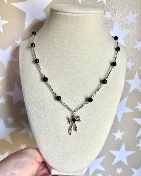 My last post was a cute little pink coquette moment so this necklace is for my anti coquette girls ‘Anti Coquette’ Necklace🖤 made with black onyx beads, stainless steel findings, and stainless steel chain 21in +2in extension chain available now!! link in bio 🖤 #explorepage #jewelry #handmade Coquette Beaded Necklaces, Coquette Necklace Silver, Beaded Jewelry Coquette, Croquette Necklace, Coquette Necklace Flower, Onyx Bead, Stainless Steel Chain, Black Onyx, Onyx