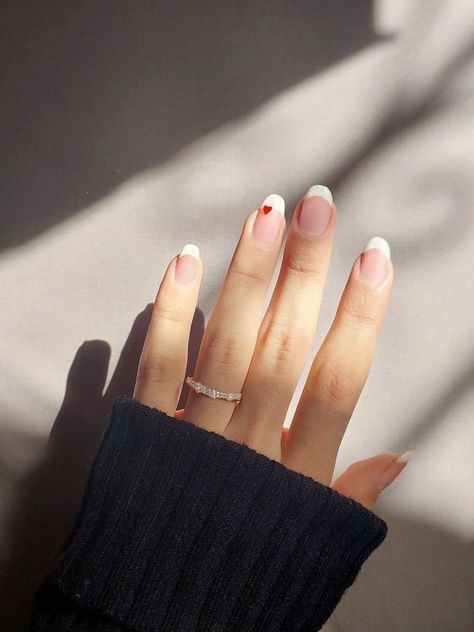 French Manicure Heart Nails, White Tip Red Heart Nails, Simple French Tip Nails With Heart, White French Tip Nails Almond With Heart, Heart On French Tip Nails, Red Heart Manicure, French Red Heart Nails, French Tips Nails With Heart, White French Manicure Almond Nails