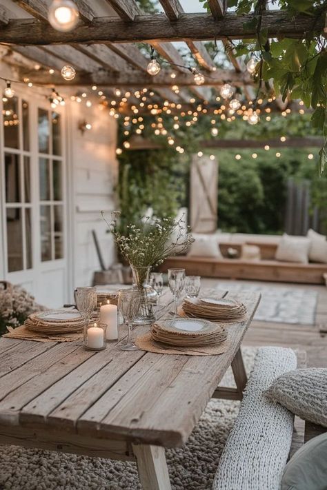 "Transform your backyard with a Rustic Outdoor Dining Area! 🍽️🌾 Ideal for adding charm and warmth to your outdoor meals. 🌿✨ #RusticOutdoor #DiningInspo #GardenDecor" Front Yard Dining Area, Country Cottage Outdoor Space, Rustic Outdoor Entertaining Area, Rustic Outdoor Table And Chairs, Rustic Outdoor Dining Area, Outdoor Dining Inspiration, Country Home Backyard, Outdoor Dining Table Ideas, Patio Dining Ideas