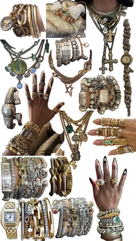 Bracelet, ring, and necklace stacking ideas Dope Jewelry Accessories, Earthy Jewelry, Mixed Metal Jewelry, Necklaces And Bracelets, Jewelry Accessories Ideas, Dope Jewelry, Chunky Jewelry, Jewelry Fashion Trends, Funky Jewelry