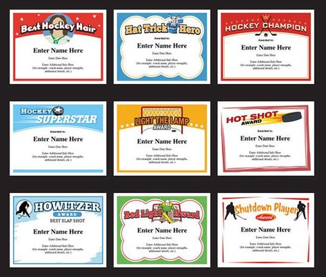 Hockey Certificates Templates | Awards for Hockey Teams #Hockey Hockey Awards For Kids, Hockey Awards, Hockey Shot, Hockey Hair, Free Certificate Templates, Minecraft Printables, Sports Products, Award Template, Hockey Party