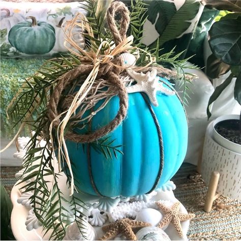 Beach Halloween Decor, Beachy Fall Decor, Coastal Halloween, House Accents, Coastal Fall, Blue Seashell, Thanksgiving 2022, Fall Beach, Fake Pumpkins