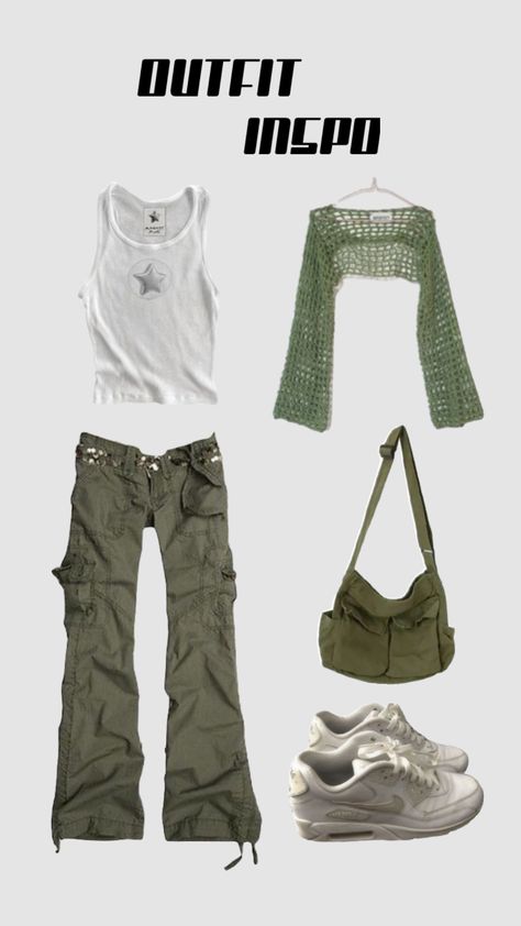 Green Y2k Outfit, Green Grunge Outfit, Losing Touch With Reality, Cargo Outfit, Downtown Outfits, Aesthetic Outfit Ideas, Green Cargo Pants, Aesthetic Fits, Green Fits