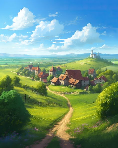 Fantasy Village Concept Art, Village Drawing, Casa Anime, Fantasy Village, Art Village, Landscape Concept, Fantasy City, Fantasy Setting, Fantasy Places