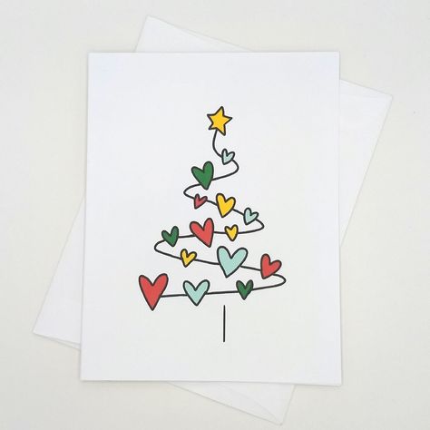 Colorful Christmas Tree With Hearts note card set, great for handwritten notes during the winter holidays.  - Set of 8 matching white cards and envelopes, blank inside. - A2 size, 4.25" x 5.5" folded  - Printed on white medium weight smooth finish card stock. - Packaged in a resealable clear plastic envelope. - Please note that colors may be slightly different than how they appear on your monitor. - From a pet-free, smoke-free home. - My shop name appears in small print on the back of the cards. Winter Cards Handmade Simple, Winter Wonderland Cards, Christmas Envelopes Art, Simple Holiday Cards Diy, Christmas Card Making Ideas For Kids, Christmas Cards Doodle, Winter Cards For Kids, Simple Christmas Card Design, Creative Christmas Cards Handmade