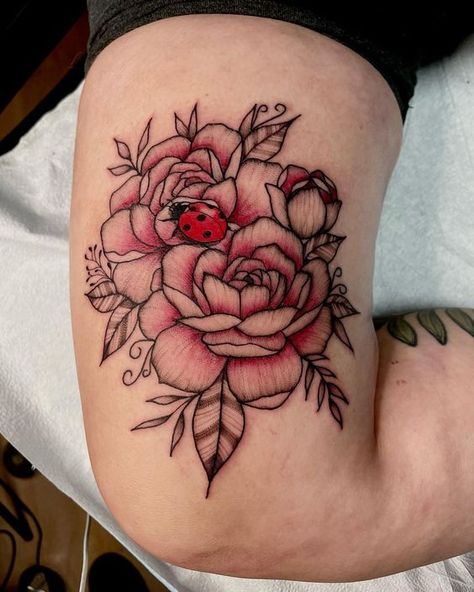 Rose With Ladybug Tattoo, Flower And Ladybug Tattoo, Ladybug On Flower Tattoo, Ladybug Flower Tattoo, Ladybug Tattoo Ideas, Ladybird Tattoo, Tattoo For My Son, Rose Tattoo On Ankle, Tattoo Therapy