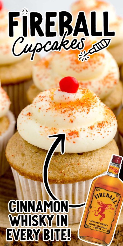 Fireball Cupcakes Fireball Cupcakes, Boozy Cupcakes Recipes, Alcoholic Cupcakes, Fireball Recipes, Boozy Baking, Infused Cupcakes, Cake Mix Cupcakes, Boozy Cupcakes, Cupcake Decorating Tips