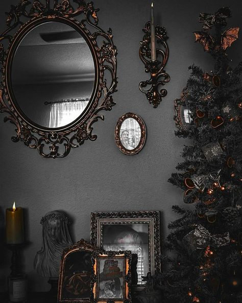 Gothic Decor | Reposted• @ttrickorrtreatt Victorian gothic creepmas! 🦇 . . . . . . . . . #goth #gothicgallerywall #halloween #gothicstyle #gothic… | Instagram Gothic Instagram, Gothic House Decor, Gothic Gallery Wall, Victorian Gothic Home Decor, Victorian Gothic Decor, Gothic Christmas, Spooky Home Decor, Creepy Christmas, Dark Christmas