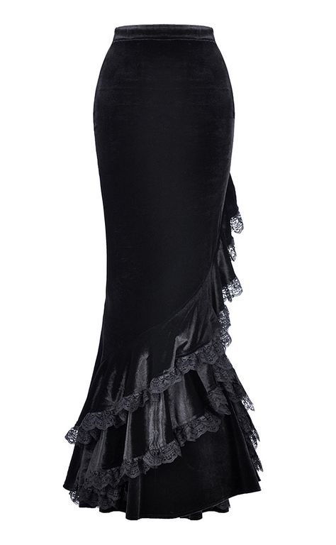 Nouveau produit : Black velvet mermaid skirt with lace ruffles Victorian Gothic darkinlove Vous aimez ? / New product do you like ?  Prix: 59.90  #new #nouveau #japanattitude #jupes #gothique #gothic #elegant #aristocrat #victorien #victorian #chic #skirt #mermaid #tight #frilly #lace #laceup #velvet #romantic #darkinlove #kw156 #lace-up Gothic Skirt, Robes Glamour, Gothic Steampunk, Chic Type, Punk Rave, Velvet Skirt, Mermaid Skirt, Pencil Skirts, Gothic Dress