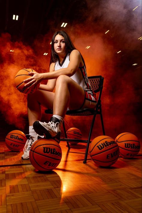 Basketball Senior Portraits, Creative Basketball Pictures, High School Basketball Pictures, College Basketball Photoshoot, Dramatic Basketball Photography, Basketball Photo Shoot Ideas, Basketball Studio Photoshoot, Basketball Senior Pictures In Gym, Basketball Sports Photography